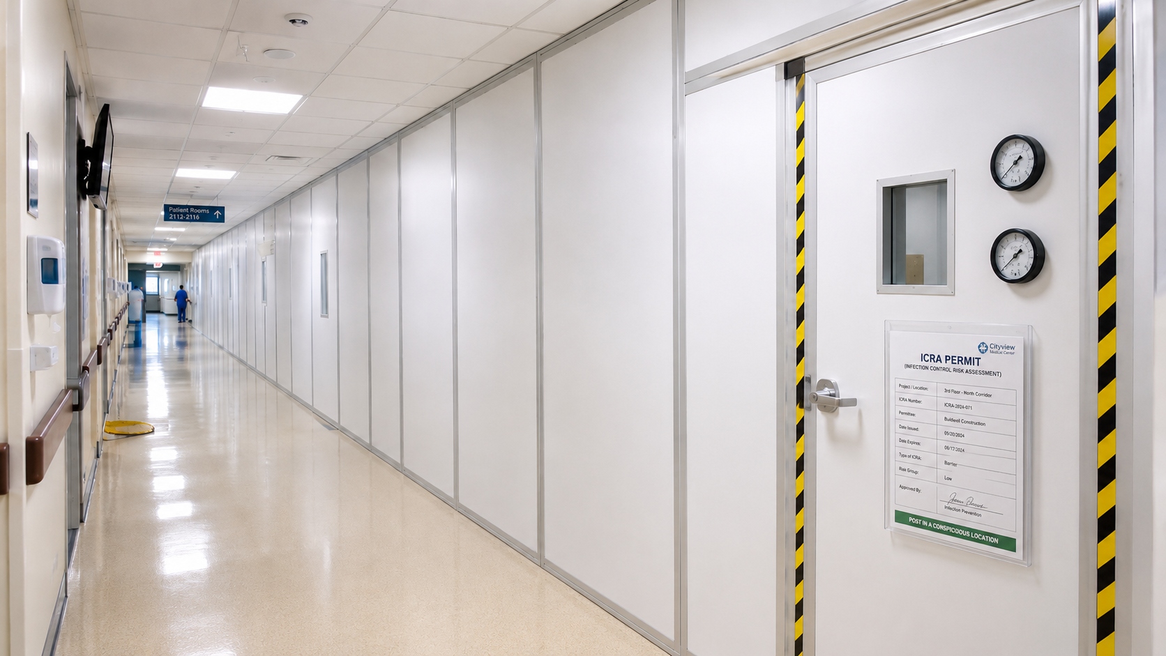 ICRA-permitted construction barrier in an active healthcare corridor with posted permit, gauges, and viewing window