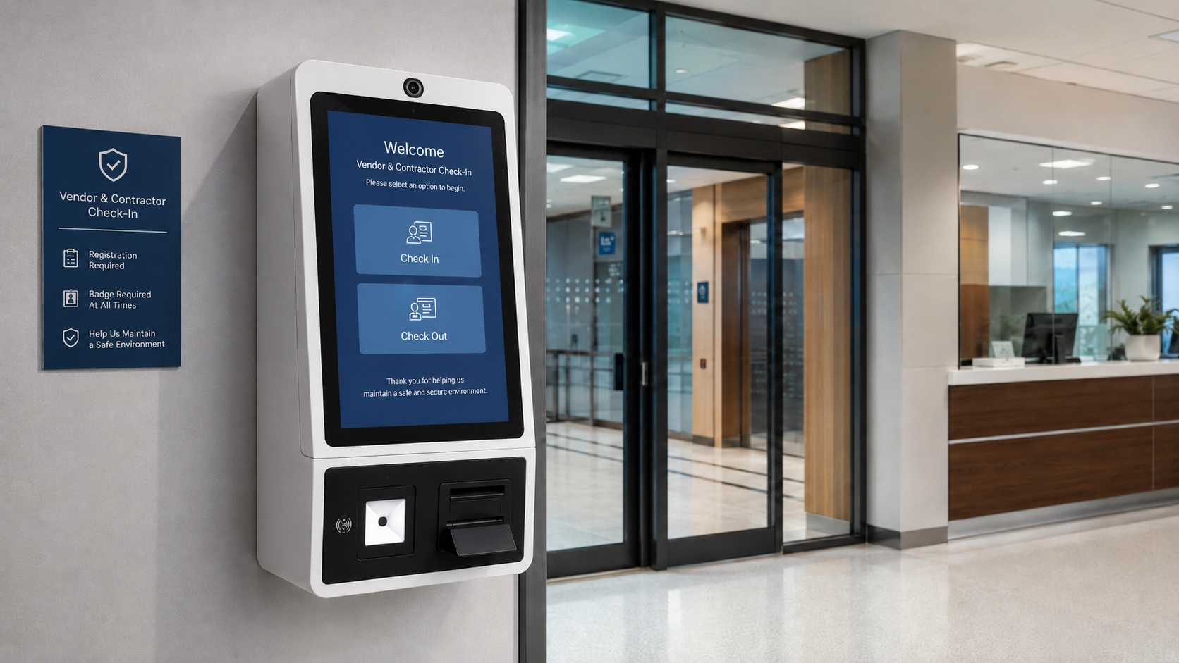 Vendor and contractor check-in kiosk at a healthcare facility entrance