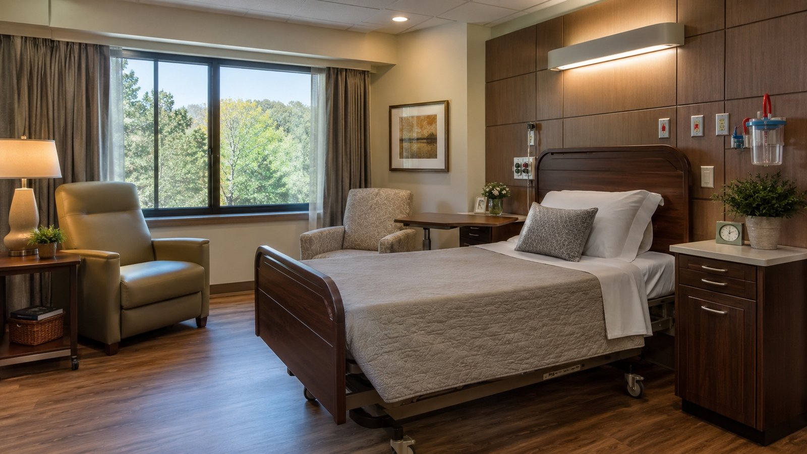 Hospice patient room, warm and daylit, with a recliner by a window overlooking trees