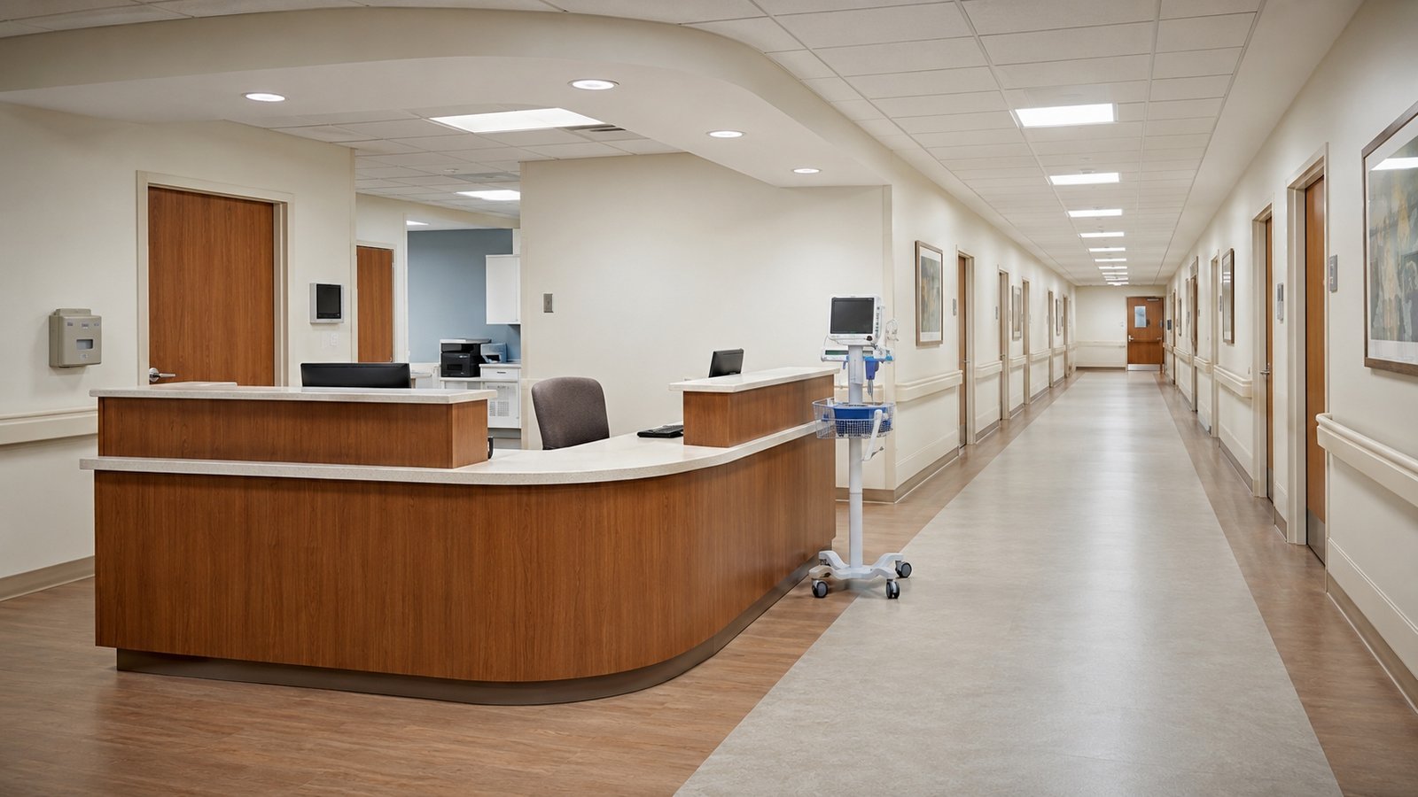 Long-term care nurses' station and a resident corridor with handrails, calm and ready