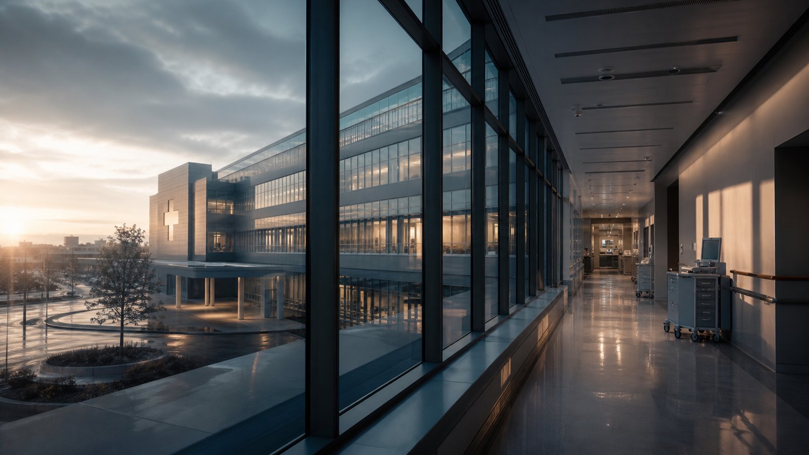 Healthcare facility at dusk seen from an interior corridor through a floor-to-ceiling glass curtain wall