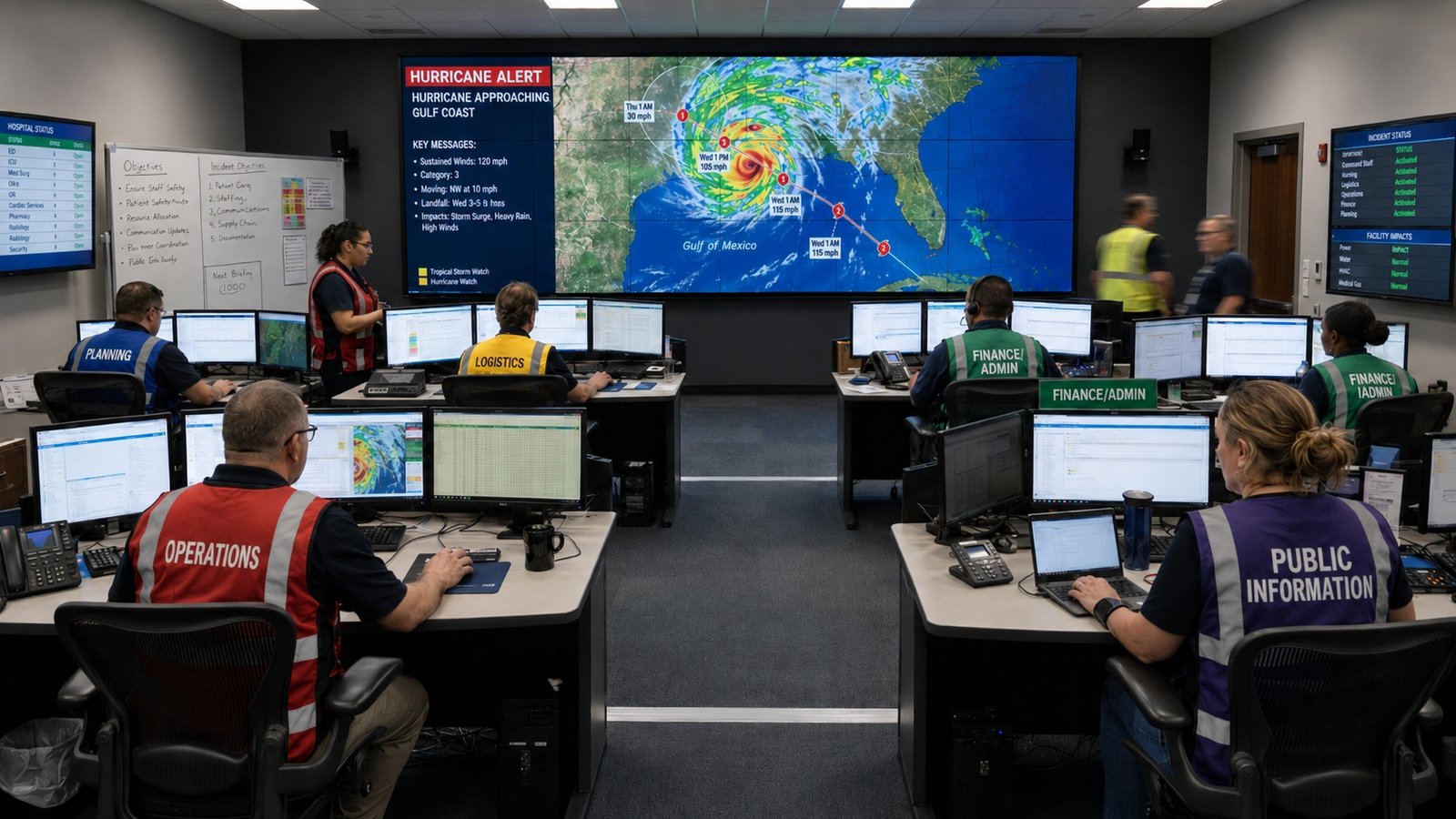 Hospital incident command center activated during a hurricane response, with Planning, Logistics, Operations, Finance/Admin, and Public Information section chiefs in color-coded vests, hospital status, incident status, and facility impacts boards, and the hurricane alert briefing on the main wall display