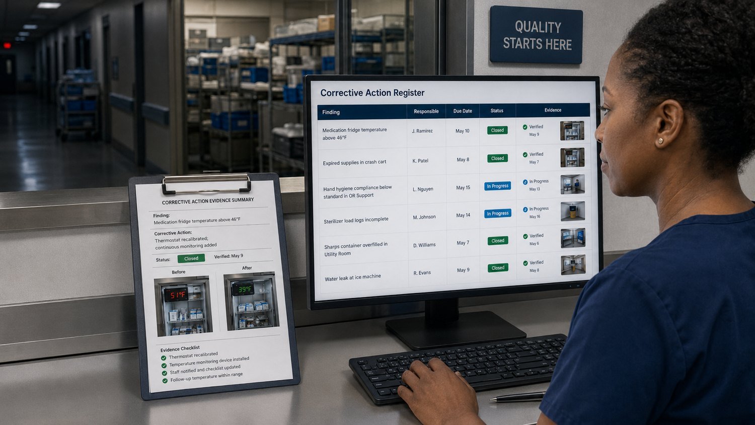 Quality reviewer at a Corrective Action Register screen beside a clipboard tracing a finding from before to after with verified evidence