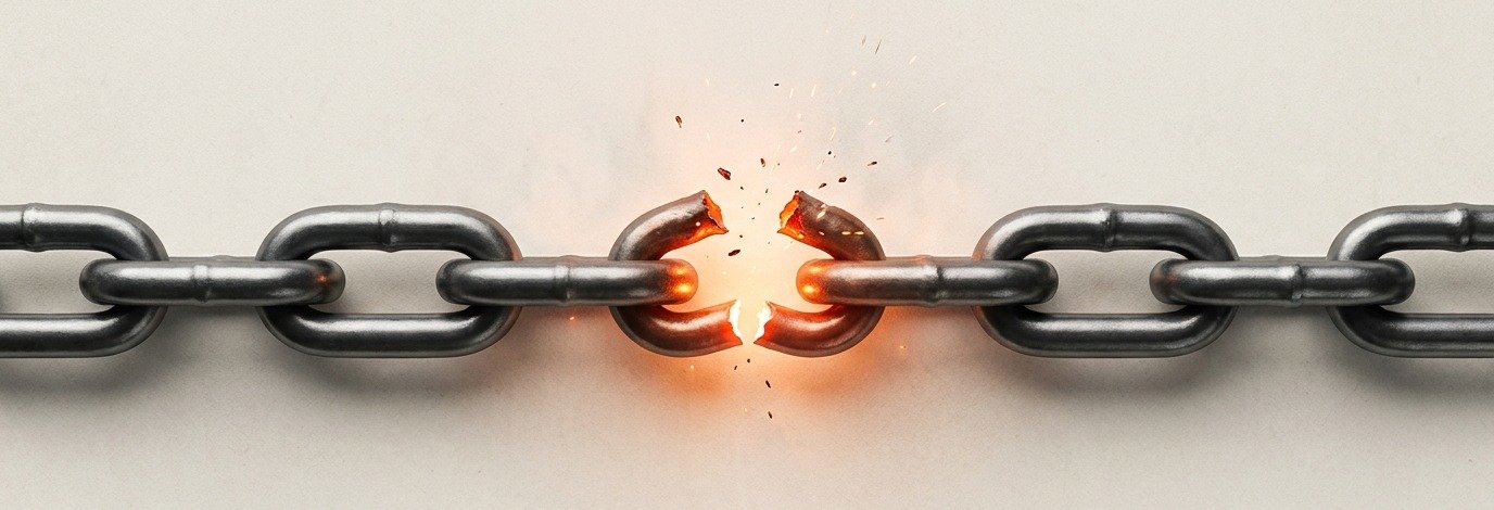 A heavy metal chain with the center link broken and glowing at the break point.