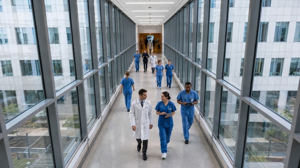 Hospital corridor link bridge with clinical staff