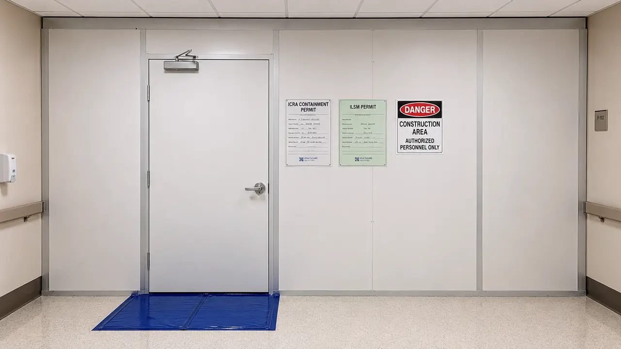 A construction containment barrier with a posted ICRA permit and a tacky mat at the threshold