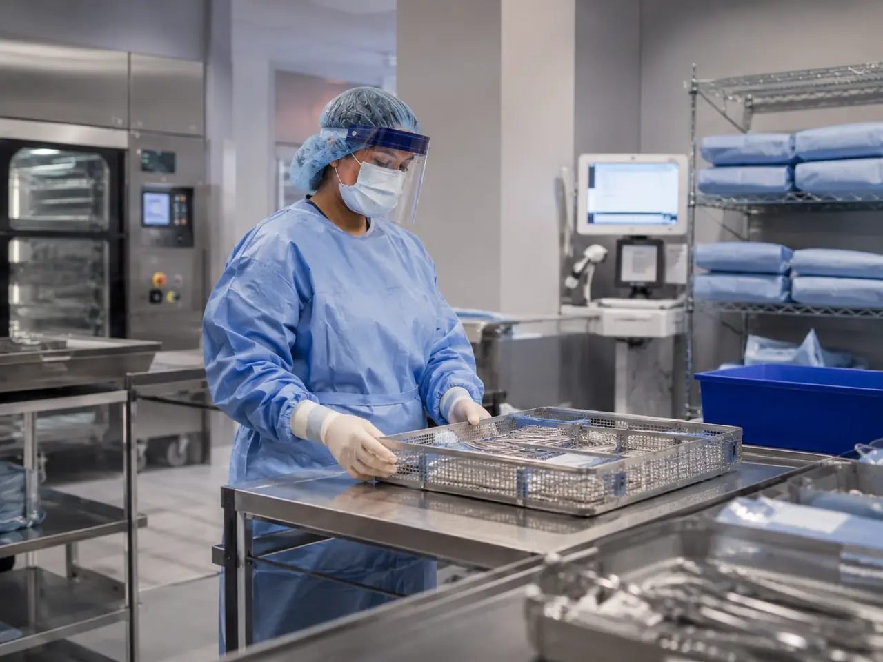 A sterile processing technician in gown, hood and gloves handling an instrument tray