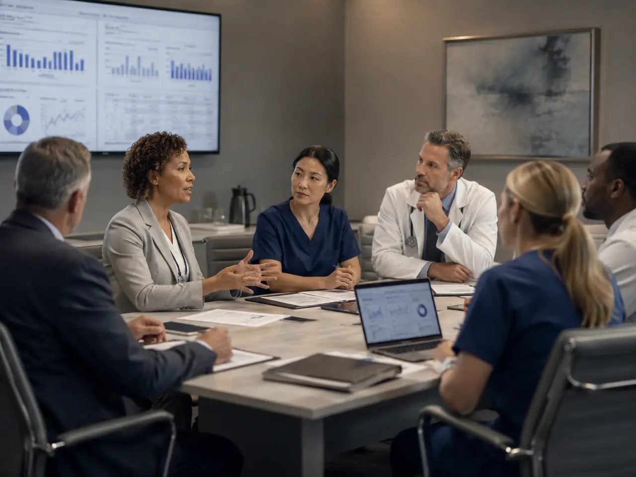 Clinical and administrative leaders reviewing performance data in a governance meeting